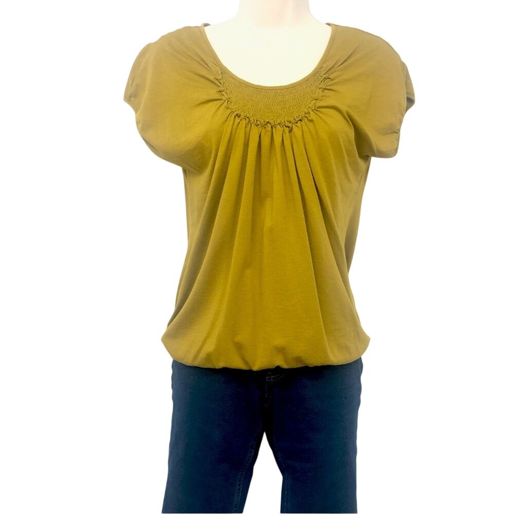Ann Taylor Loft Olive Green Smocked Top Sleeveless Capped Sleeve Elastic Waist